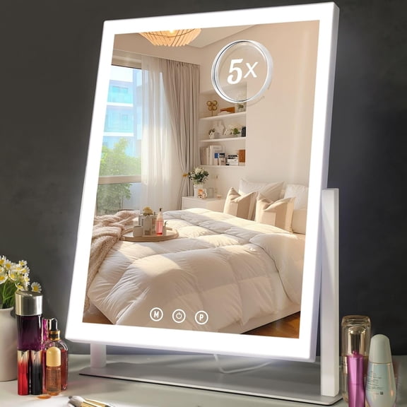 LED Vanity Mirror with 5X Magnification, 3 Light Modes, 360 Rotatable, Wall-Mountable Square Mirror, White Framed, 17.52" H x 13.58" W