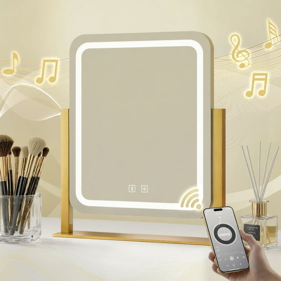 Odernirror Vanity Mirror with Bluetooth Speaker, Lighted Led Makeup Desk Mirror 5X Magnify Dimmable 3 Color Modes,Gold