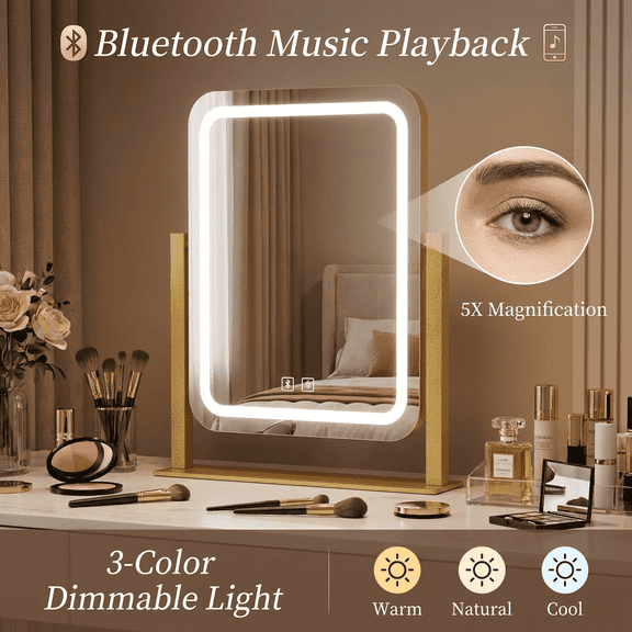 Odernirror Vanity Mirror with Bluetooth Speaker, Lighted Led Makeup Desk Mirror 5X Magnify Dimmable 3 Color Modes,Gold