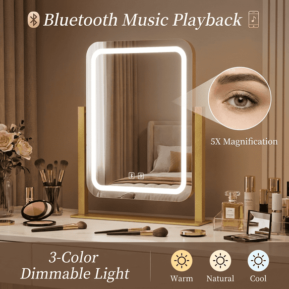 Odernirror Vanity Mirror with Bluetooth Speaker, Lighted Led Makeup Desk Mirror 5X Magnify Dimmable 3 Color Modes,Gold