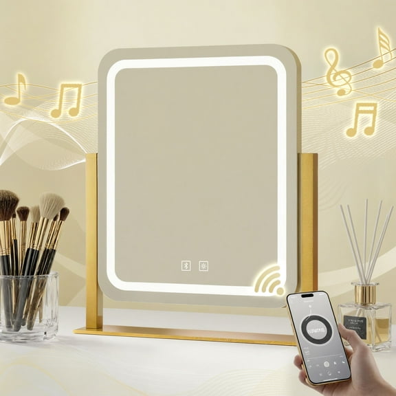 Odernirror Vanity Mirror with Bluetooth Speaker, Lighted Led Makeup Desk Mirror 5X Magnify, Gold