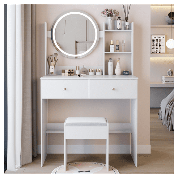 LED Vanity Table Set with Stool, 17'' Round Makeup Table, Touch Light, Adjustable Brightness, Large Storage, Ideal for Small Spaces