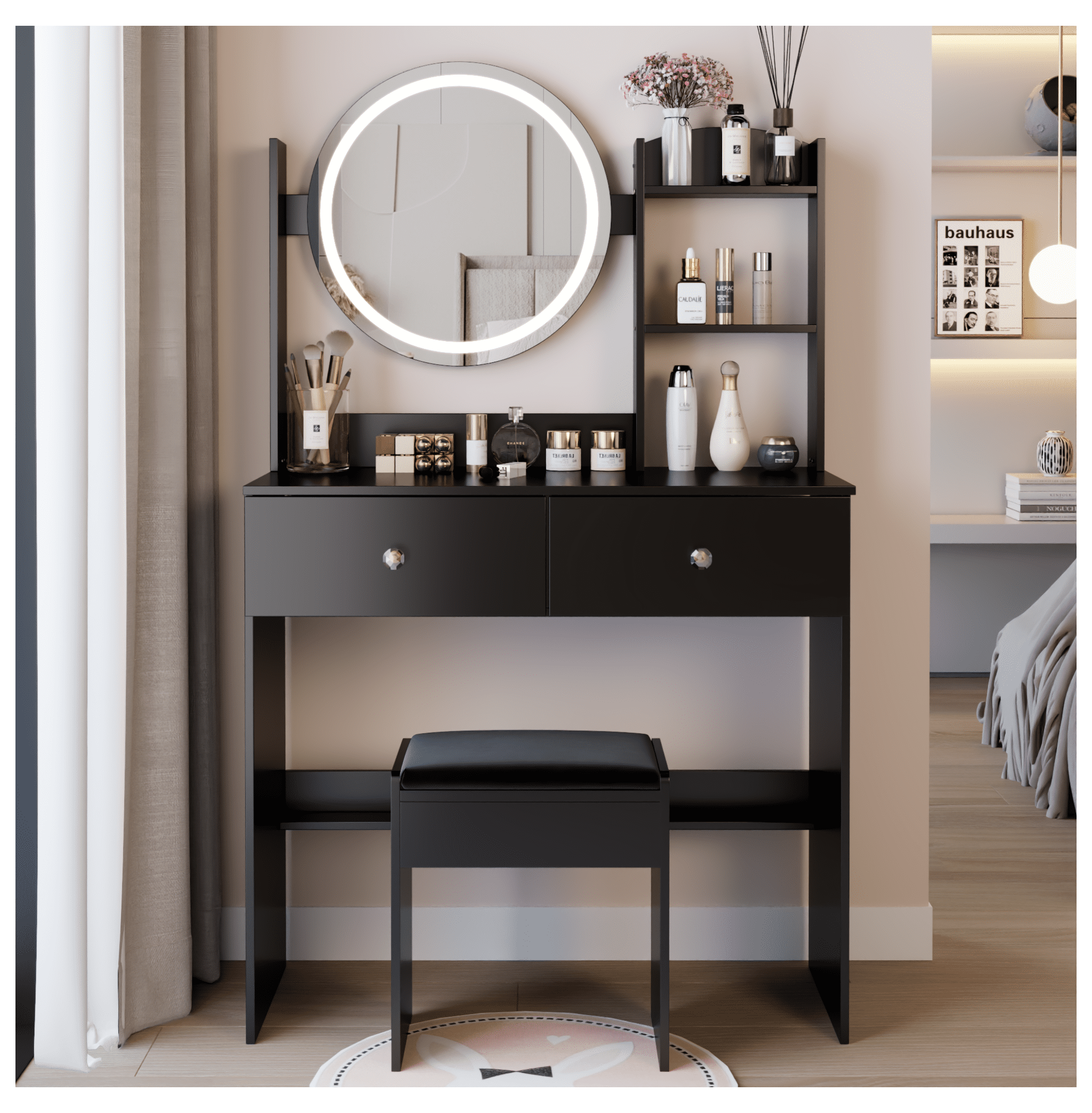 LED Vanity Table Set with Stool, 17'' Round Makeup Table, Touch Light
