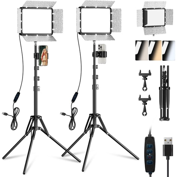LED Video Light Kit with Phone Holder & Barndoor, 2800-7000K Dimmable Studio Lights for Video Recording, 73'' Height for Live Streaming, YouTube, Vlog, Photography, Content, Podcast, 2-Pack