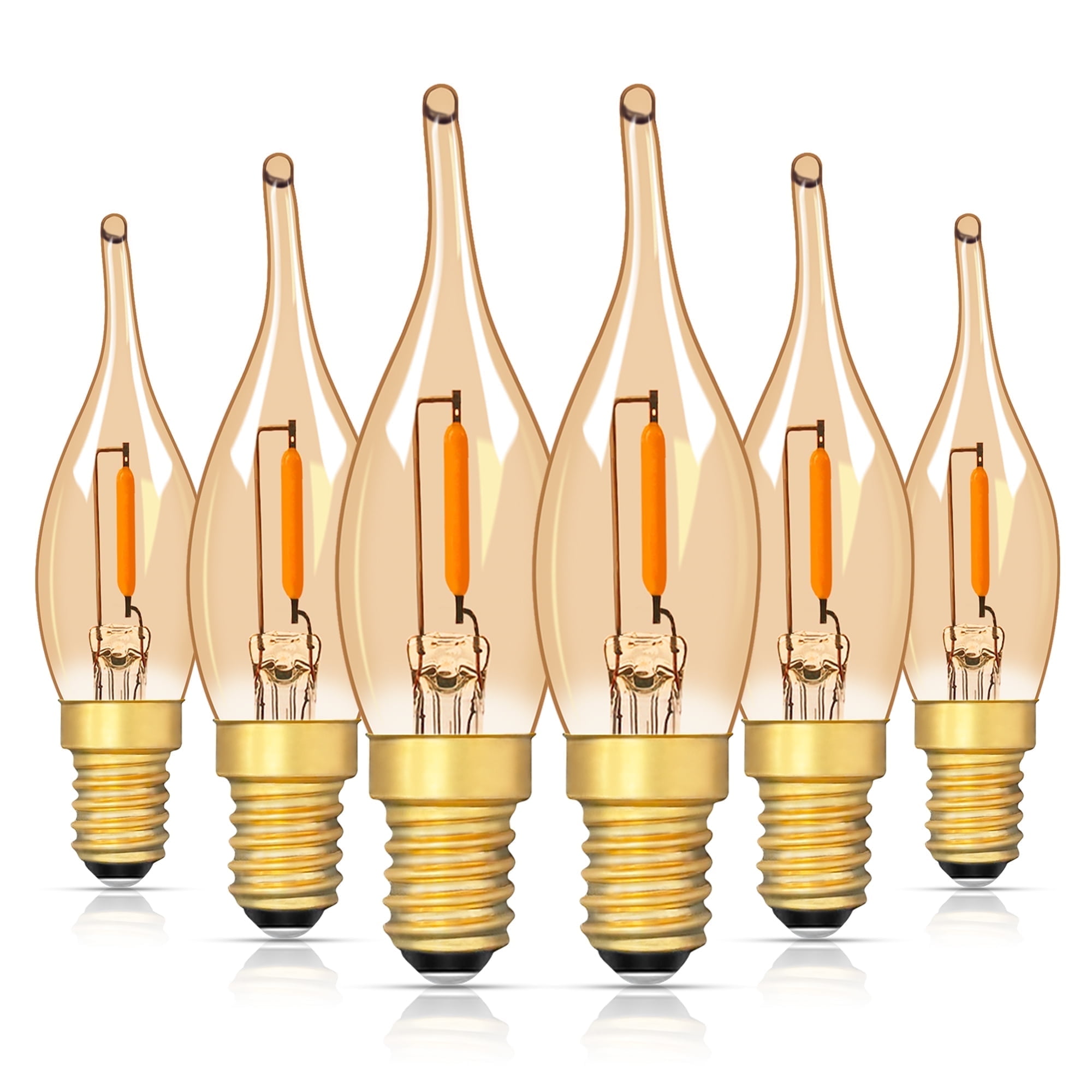 LED Vintage Candelabra Bulbs Night Lights E12 C22T Edison Candle Bulbs Filament Flame 7 Watt Equivalent LED Chandelier Light Bulbs Decorative Lights 2200K Warm Amber Glass, CRI 90+, Pack of 6