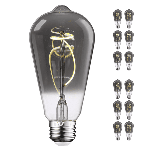 12 Pack LED Vintage Edison Bulbs 2W, ST64 LED Light Bulb Dimmable, E26 Base, Antique Flexible Filament Bulbs, Decorative Light Bulbs for Pendant Light, 4000K Cool White, Smoke Gray