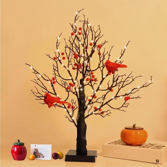 LED Vintage Glowing Cardinal Christmas Tree (21 Inch) – Light Up Birch Tree with Red Birds & Berries, Vintage Cardinal Tree for Holiday Home Decor, Tabletop Seasonal Glowing Birch Ornament (1)