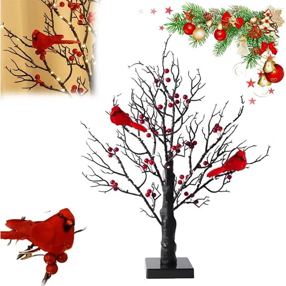 LED Vintage Glowing Tree with Cardinals, Ansurely Cardinal Tree, Cardinal Tree with Moving Birds, Cardinal Light up Tree, Christmas Tree with Berries for Decorations Holiday Party