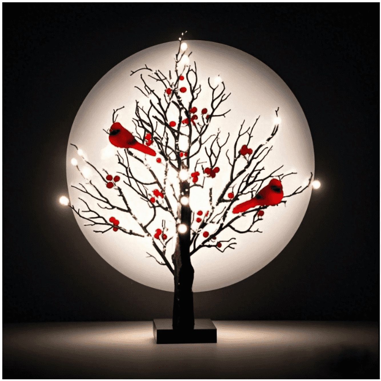 LED Vintage Glowing Tree with Cardinals and Berries, Aparntetit Vintage Glowing Tree, Red Bird Tree Fairy LED Light, 21in Twinkle Tree Lamp with Lighted Black Branches, for Halloween,Christmas(1PC)