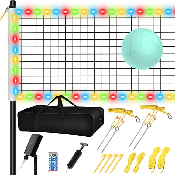 LED Volleyball Net Outdoor, Light Up Volleyball Net with Solar Rope Light, 32 x 3 FT Portable Net Set with Glow in The Dark Ball and Carry Bag for Backyard and Beach