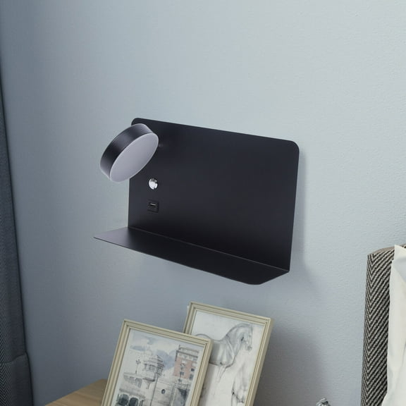 Floating Shelf Phone Holder w/ Light USB Port Wall Mounted Bedside Shelf Bedroom Reading Lamp Black