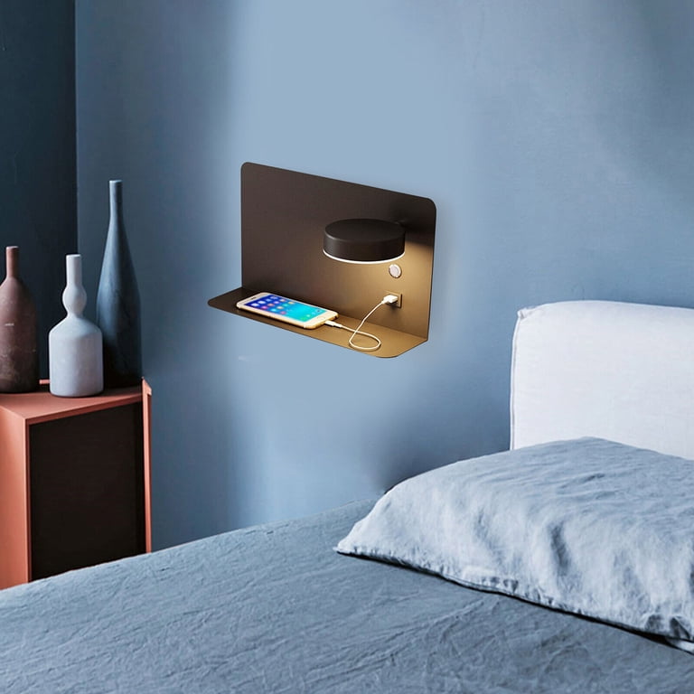 Flkoendmall LED Wall Lamp with Bedside Shelf, USB Phone Charger