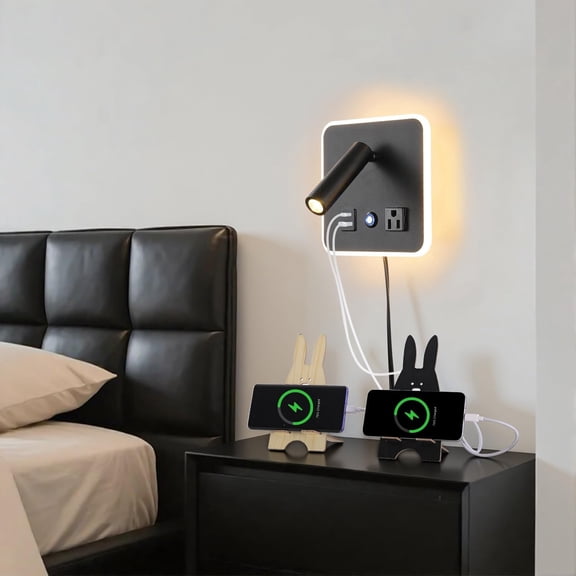 LED Wall Lamp Dimming Wall Mounted Reading Lights, Adjustable Headboard Plug in Wall Sconce with USB+USB C Ports, Headboard Bedside Lamp with 6W+3W Night Light 3000K (Black)