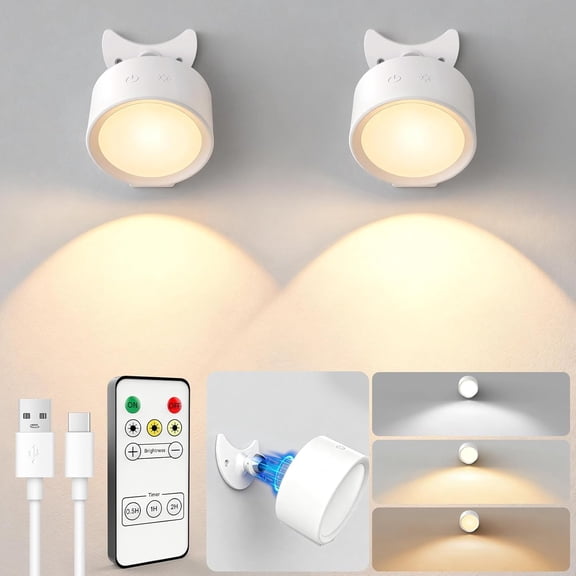 LED Wall Lights, [160H Battery Operated] Wireless Rechargeable Mounted, 3 Color & 4 Brightness Level & 360Rotate & Touch or Remote, Wall Sconces for Reading Bedroom(White,Set of 2)