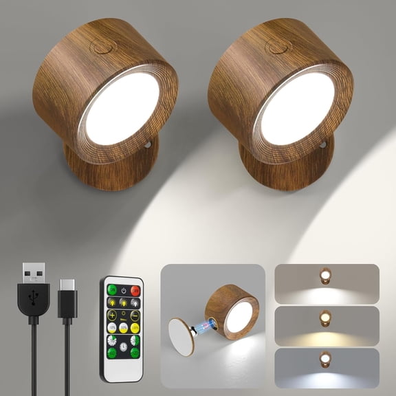 LED Wall Lights, Wall Sconces 2 count with Remote Rechargeable  Operated, 3 Color Temperatures & Dimmable Wall Lamp  360? Rotation Light for Bedroom Living Room
