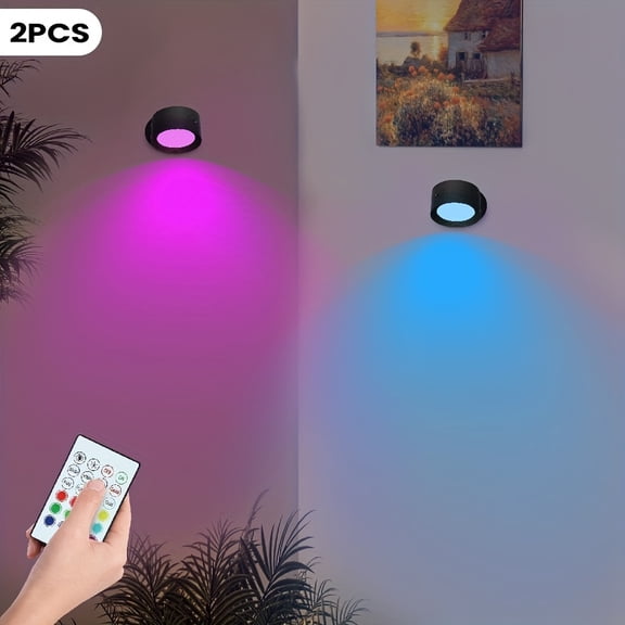 LED Wall Lights with Rechargeable RGBW Lamp, Remote Control 2 Pack Black for Bedroom Decor