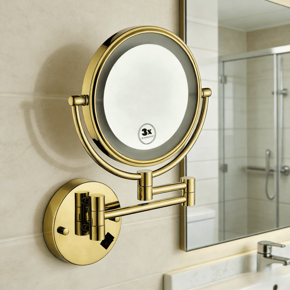 LED Wall Mount Makeup Mirror 360 Degree Rotation Touch Control with 3X Magnification Dual Side Vanity Mirror for Bathroom Shaving Skincare Waterproof Button Adjustable Arm Daylight Natural Light
