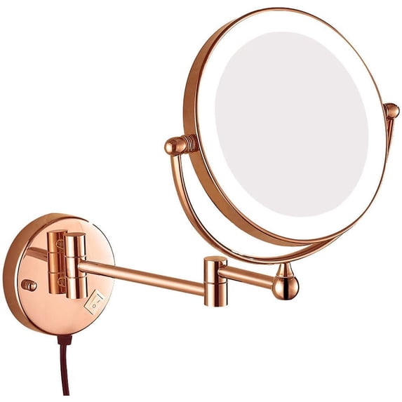 LED Wall Mounted Bath Vanity Mirrors,8" Double Sided Brass Lighted Magnification Makeup Shaving Extendable with Switch Electrical Plug New Version