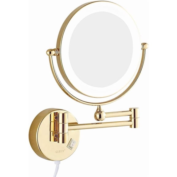 LED Wall Mounted Bath Vanity Mirrors,8" Double Sided Brass Lighted Magnification Makeup Shaving Extendable with Switch Electrical Plug New Version