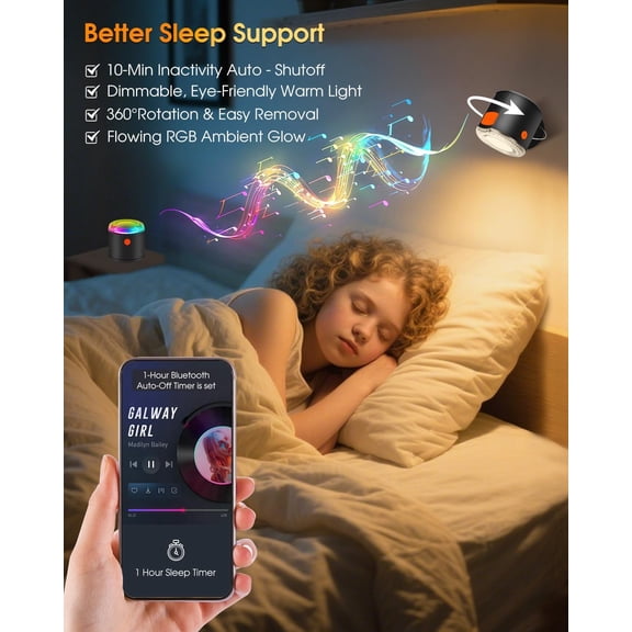 LED Wall Mounted Light, Battery Operated Wall Sconces with Bluetooth Speaker 3000mAh Rechargeable Wall Lights, Dimmable Bedside Reading Wall Lamp for Bedroom, White Light Dynamic RGB Music Sync Modes