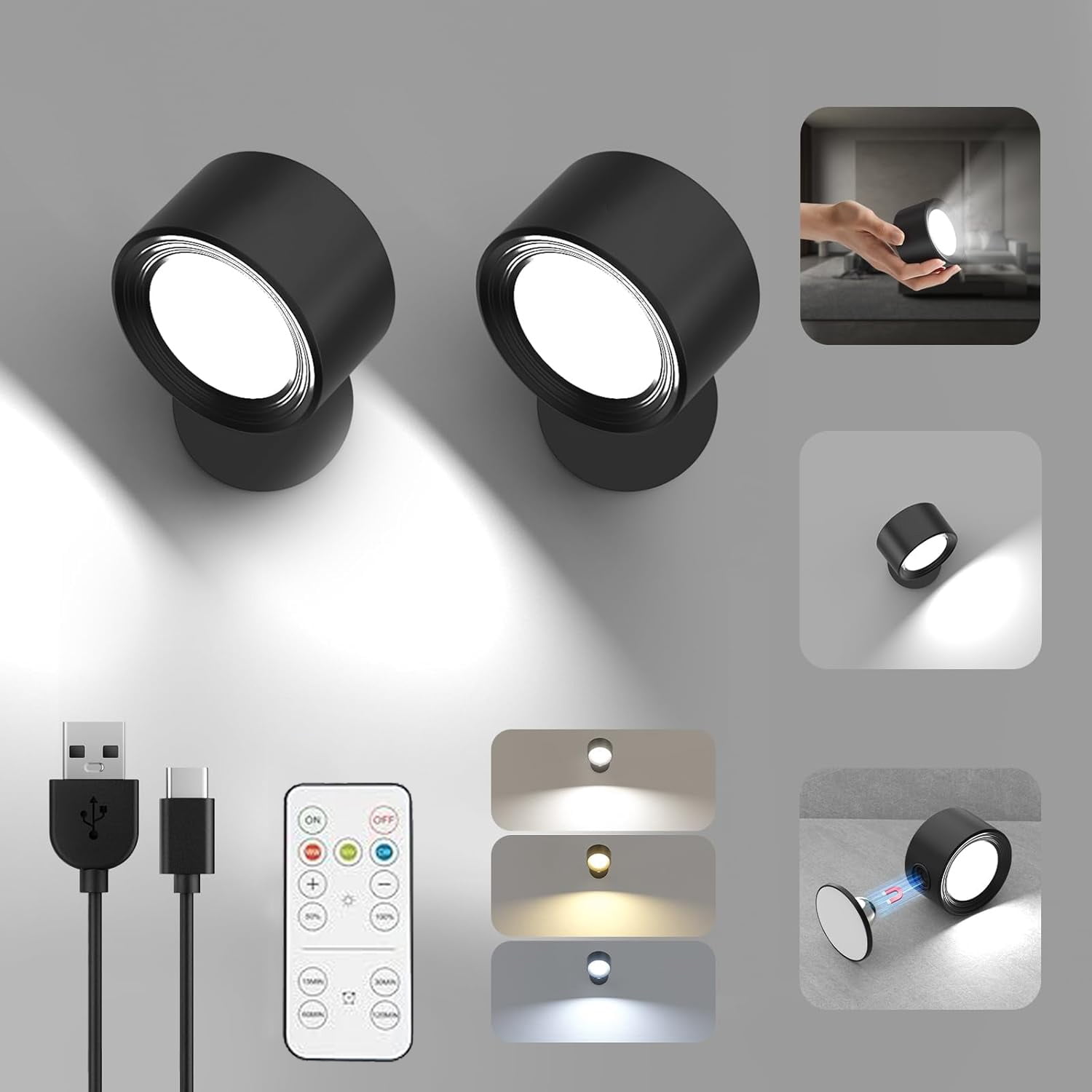 LED Wall Mounted Lights, 2pcs Wall Sconces Lamp 3000mAh Rechargeable Battery - 3 Color Temperatures & Dimmable Magnetic 360 Rotation Cordless Light for Bedroom Hallway