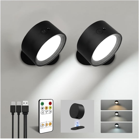 LED Wall Mounted Lights, Rechargeable Wall Sconces, 3 Color Temps, Remote & Touch, 360 Rotating and Dimmable for Bedroom, Bedside & Reading (Black, 2 Pack)