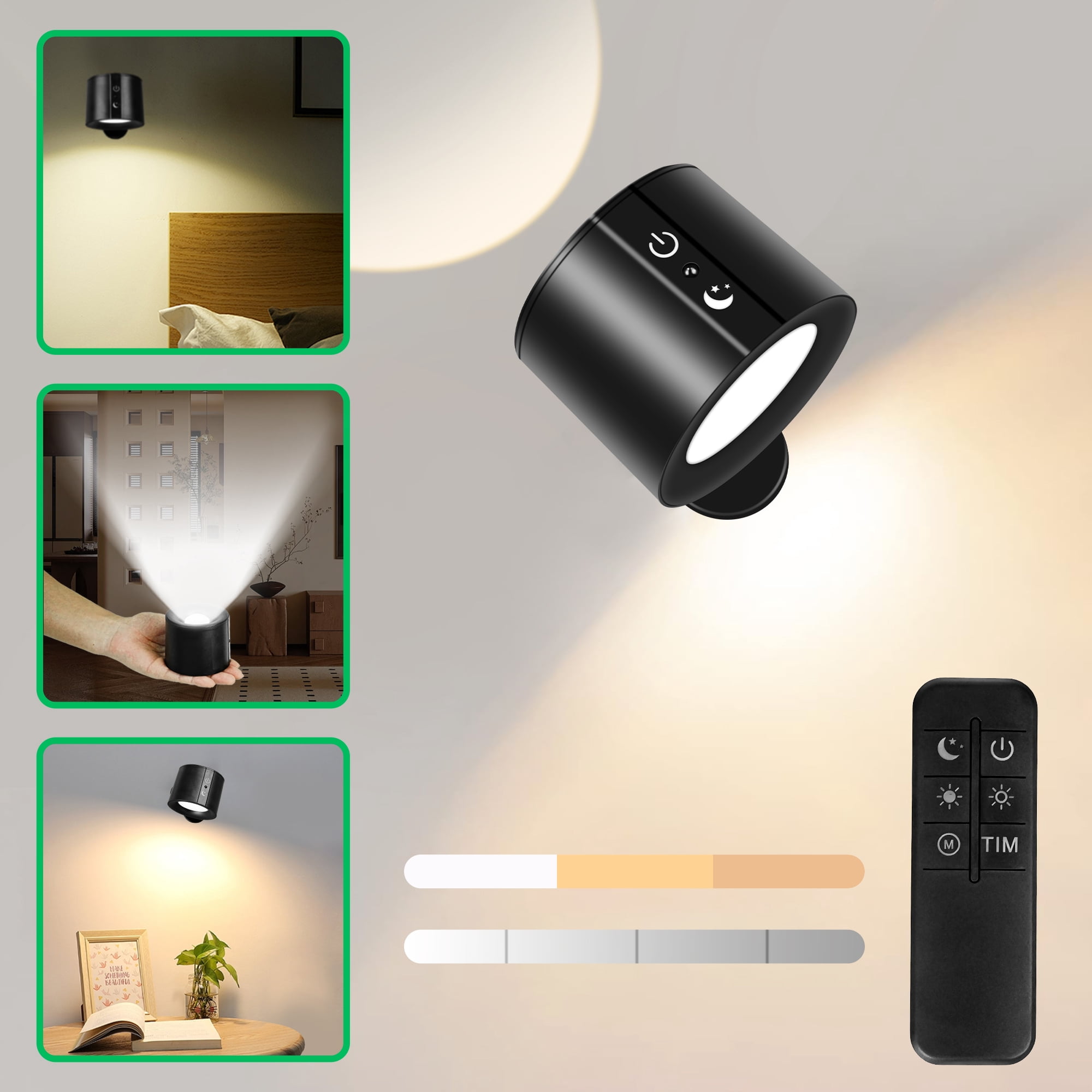 LED Wall Mounted Lights with Remote, Wall Sconces Lamp Rechargeable Battery Operated, 3 Color Temperatures & Dimmable Magnetic 360 Rotation Cordless Light for Bedroom Bedside Living Room