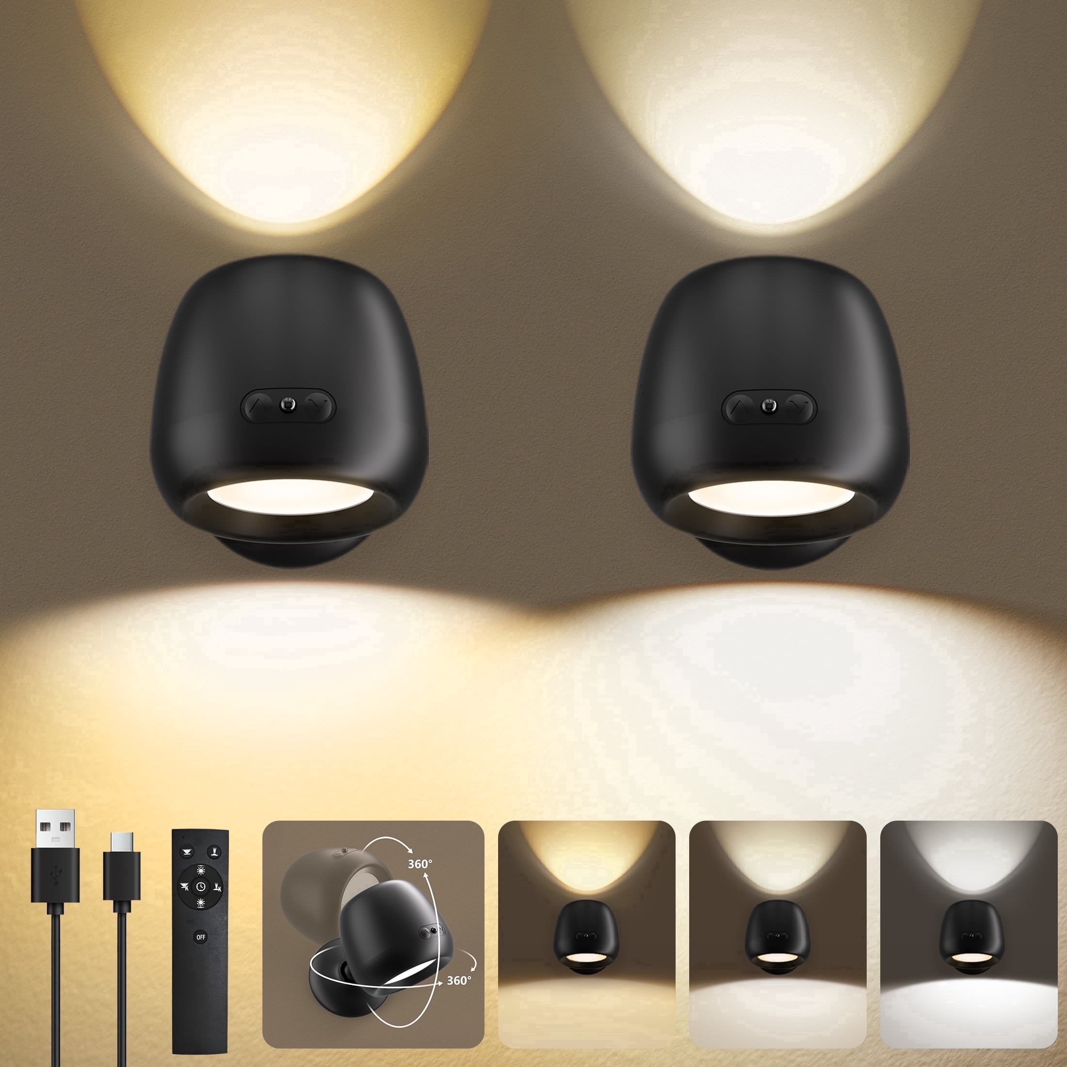 Rechargeable Wall Sconces Set of 2, Dimmable with 3 Color Temps & 360°Rotation, LED Wall Lamp with Remote, Easy Cordless Light for Living Room Picture Bedside Reading