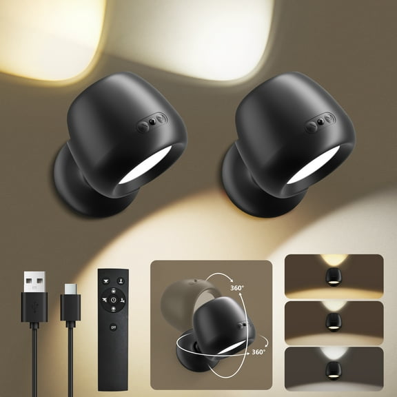 Wall Sconces Set of Two, Rechargeable Wireless Wall Lights with Remote, 3 Color Temps & Stepless Dimming, 360° Adjustable Up/Down Wall Light for Bedroom, Living Room, Hallway Decor