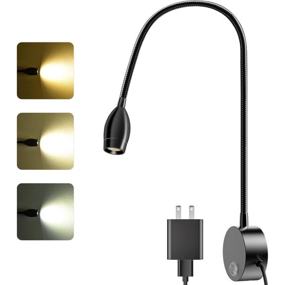 LED Wall Mounted Reading Light, Bedside Reading Lights for Bed with Touch Control, 3 Dimmable, 360Flexible Gooseneck Headboard Book Reading Lamp Wall Sconce, 3000k-6000k-1 Pack