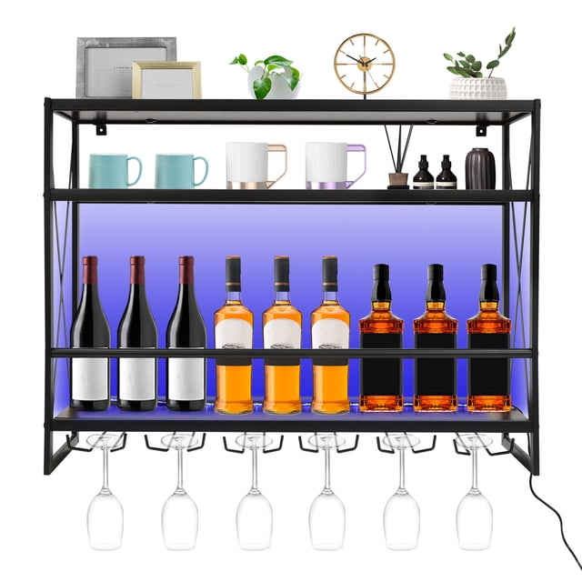 LED Wall Mounted Wine Rack Remote Control & 6 Tube Wine Glass Holder ...