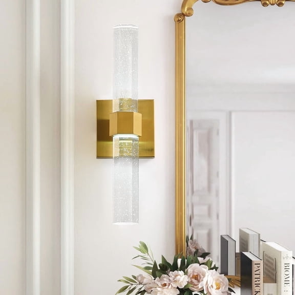 LED Wall Sconce Crystal Shade, 1-Light Brass Wall Lamp -- 6000K Light Fixture for Hallway, Entryway & Bedroom