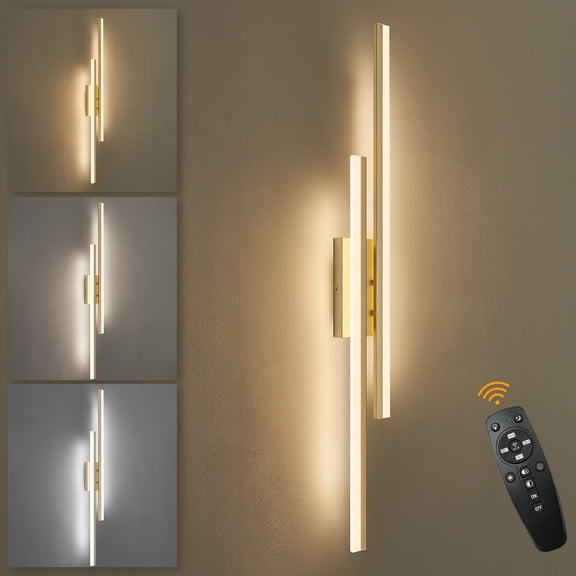 LED Wall Sconce Gold Modern Remote Wall Light Fixtures for Living Room, Dimmable LED Vanity Light Indoor Remote Wall Sconce for Bedside Bedroom Bathroom Dining Room, 39.4inch 1 Pack