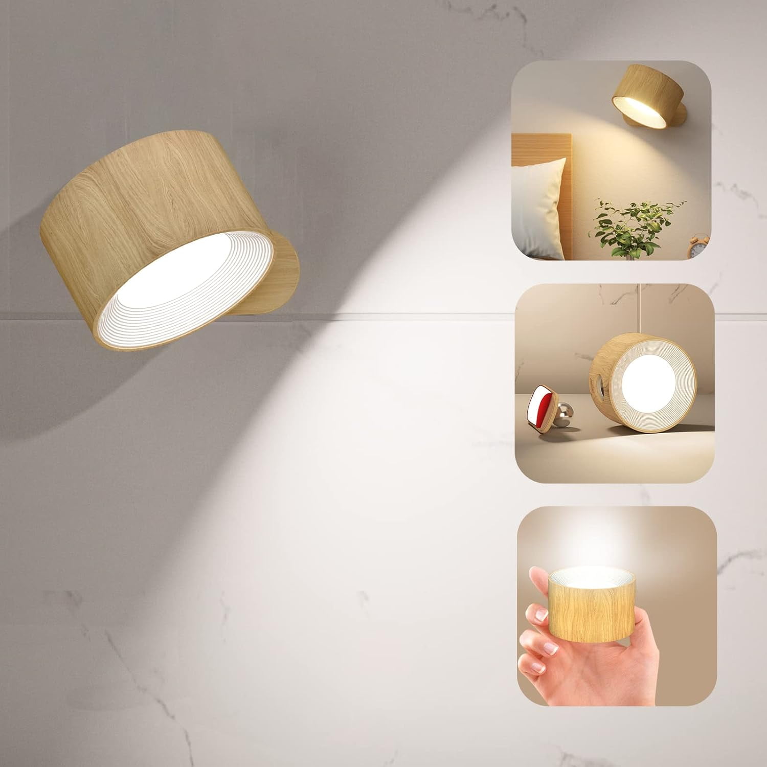 Natural Wood LED Wall Sconce with Rechargeable Battery