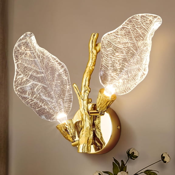 LED Wall Sconces, Modern Gold Wall Lighting, Leaf Crystal Wall Lights w/Dim, Sconces Wall Lighting for Living Room Vanity Wall Mount Lamps Fixtures for Bathroom Hallway, Living Room, Stairs