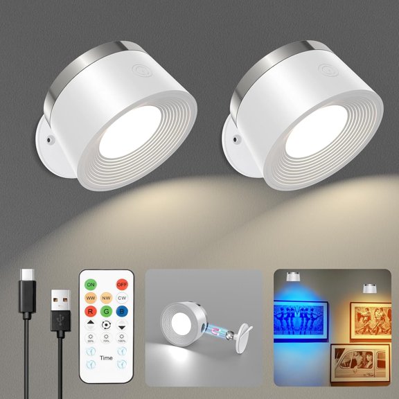 LED Wall Sconces Set of Two, Rechargeable Operated Wall Lights with Remote, Wall Lamp 3 Color Temperatures + 13 RGB & Dimmable 360? Rotation (Two Pack White)