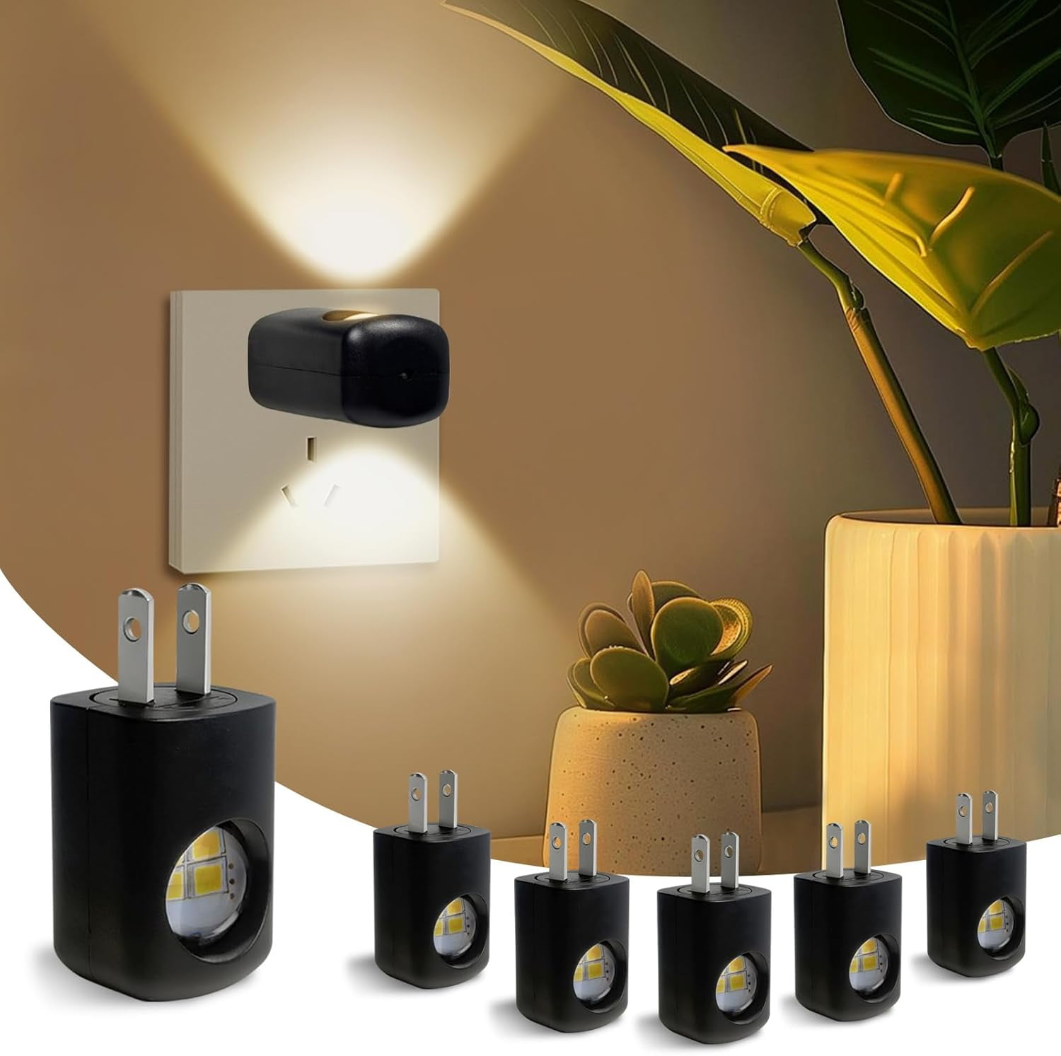LED Wall Socket Night Light, 6-Pack Dusk to Dawn Sensor NightLight, 0.5W Warm White Plug-in Outlet Light for Bedroom, Hallway, Nursery