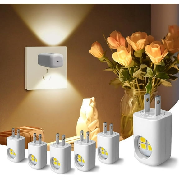 LED Wall Socket Night Light, 6-Pack Dusk to Dawn Sensor NightLight, 0.5W Warm White Plug-in Outlet Light for Bedroom, Hallway, Nursery