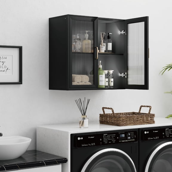 LED Wall Storage Cabinets - Upper Kitchen Cabinets Laundry Wall Mounted Cabinets with 2 Acrylic Glass Doors and Shelf, in Black