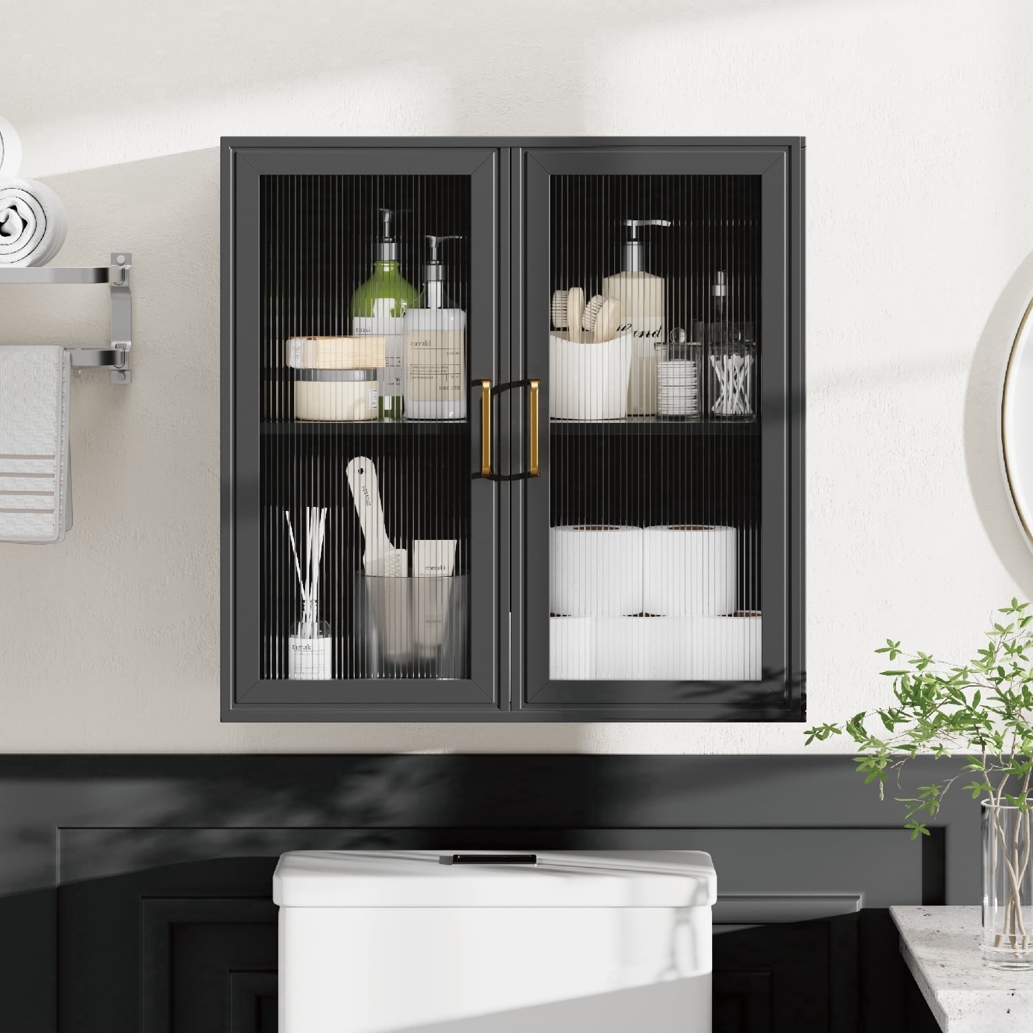 LED Wall Storage Cabinets - Upper Kitchen Cabinets Laundry Wall Mounted Cabinets with 2 Acrylic Glass Doors and Shelf, in Black