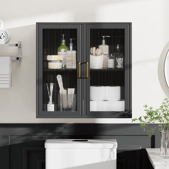 LED Wall Storage Cabinets - Upper Kitchen Cabinets Laundry Wall Mounted Cabinets with 2 Acrylic Glass Doors and Shelf, in Black