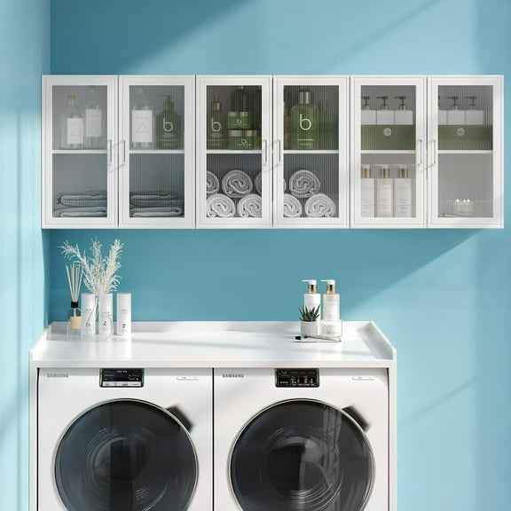 LED Wall Storage Cabinets - Upper Kitchen Cabinets Laundry Wall Mounted Cabinets with 4 Acrylic Glass Doors and Shelf