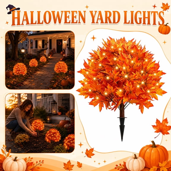 LED Warm Light Fall Maple Ball Tree Stake, 27 Inch Reusable Artificial Maple Topiary, Waterproof Yard Ornament for Porch Garden Halloween Thanksgiving Decor