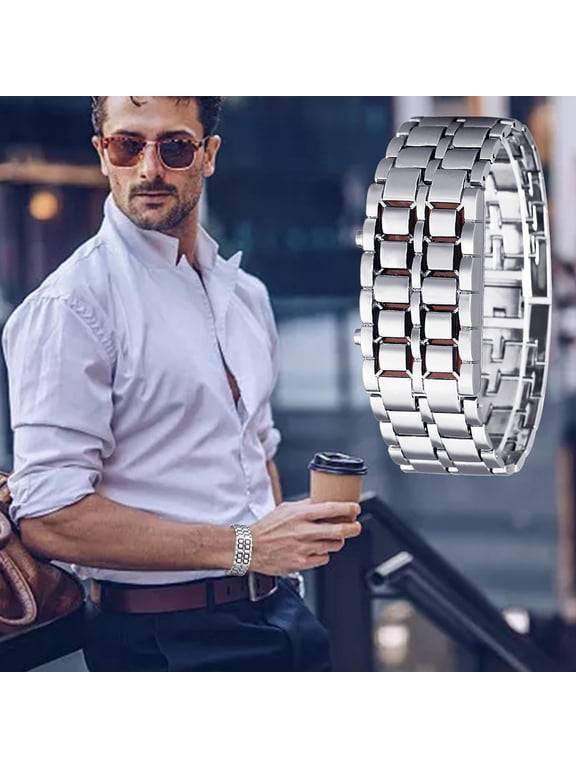 LED Watch for Men Women - Square Digital Faceless Metal Wristwatches – Steel Strap Luminous Display Fashionable Timepiece for Daily Wear,Business & Outdoor – Waterproof,Gift for Fathe/Mother