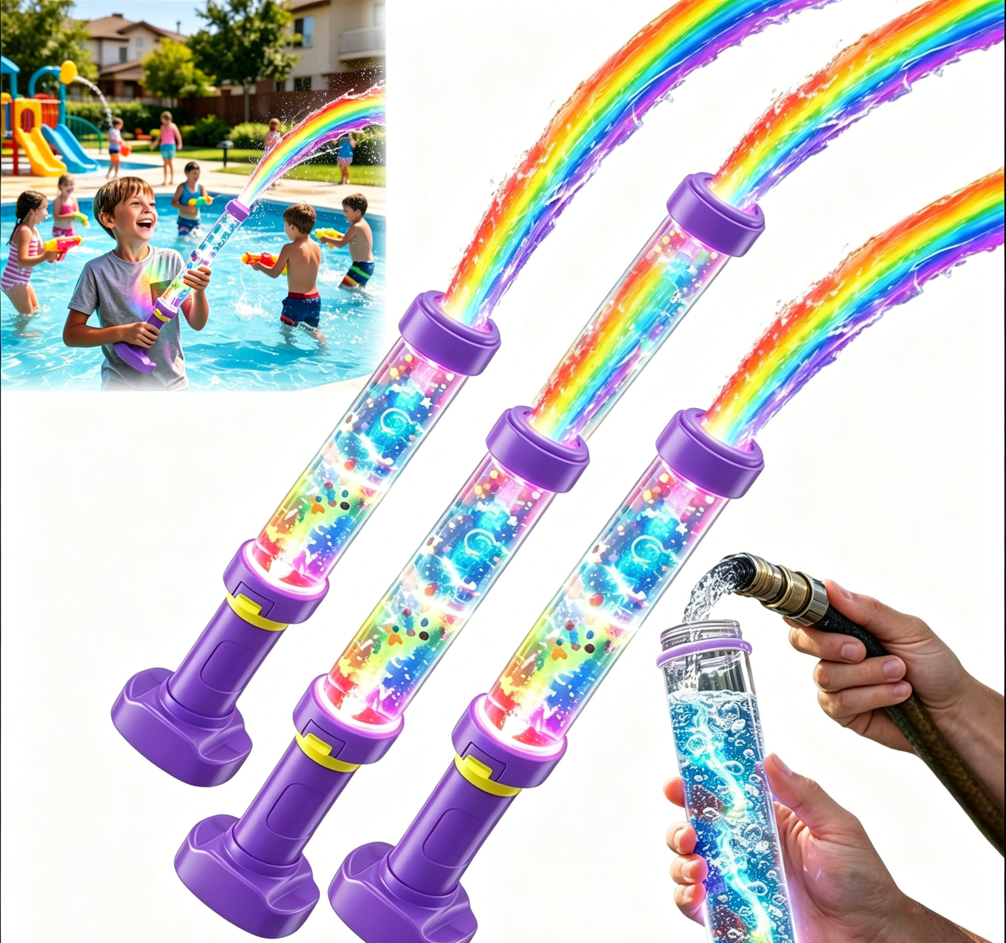 LED Water Blaster Gun, Glowing Rainbow Firework Spray Water Soaker Toys for Summer Pool Party Outdoor Water Games, 11" (3 PCS)