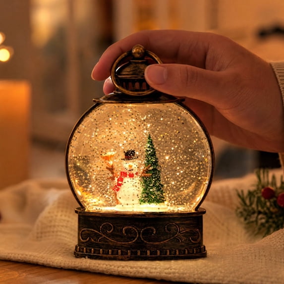 LED Water Filled Christmas Snow Scene, Glitter Santa Snowman Figure, Battery Operated Tabletop Decoration For Mantel Shelf Desk Bedroom Entryway Party And Winter Holiday Display