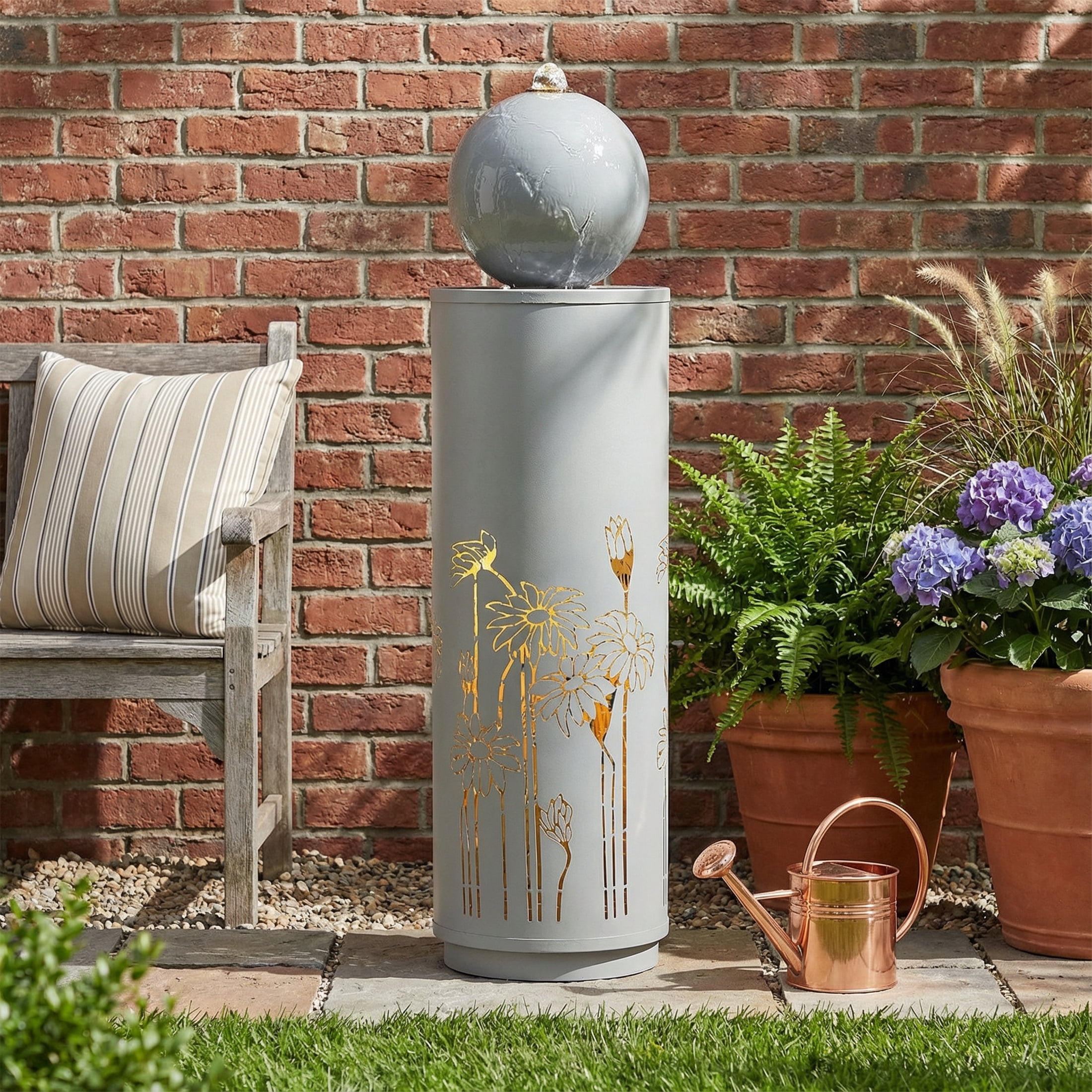 LED Water Fountain, 34.25 Inch Light Gray Metal Cutout Outdoor Water Feature for Patio Garden, Light Gray
