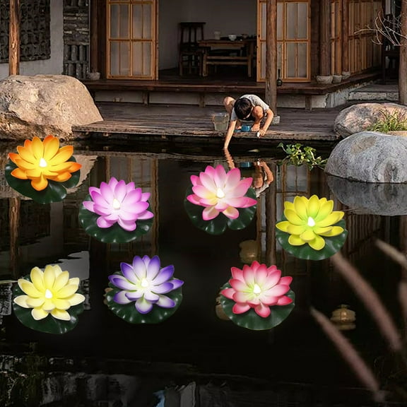 LED Water Sensing Floating Lotus Pool Lamp Solar Powered Waterproof River Lantern 13cm Decorative Festival Blessing Light for Pool Party Event Gift