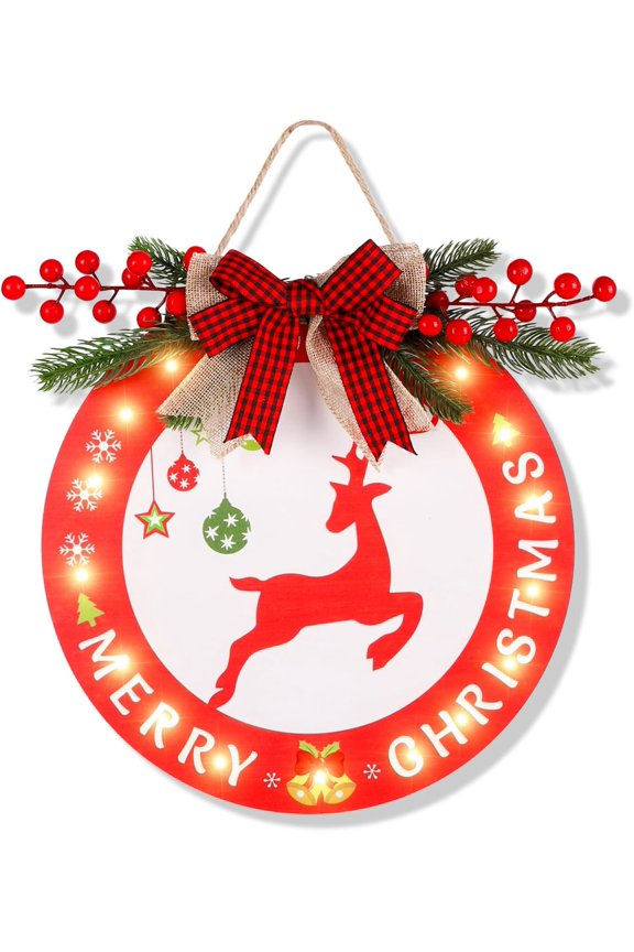 LED Welcome Sign Christmas Front Door Decor, Seasonal Round Wood Wreaths Wall Hanging, Outdoor Farmhouse Ornament for Seasons Holiday Halloween Christmas Housewarming Gift