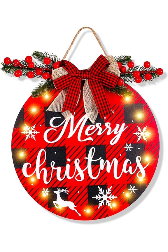 LED Welcome Sign Christmas Front Door Decor, Seasonal Round Wood Wreaths Wall Hanging, Outdoor Farmhouse Ornament for Seasons Holiday Halloween Christmas Housewarming Gift